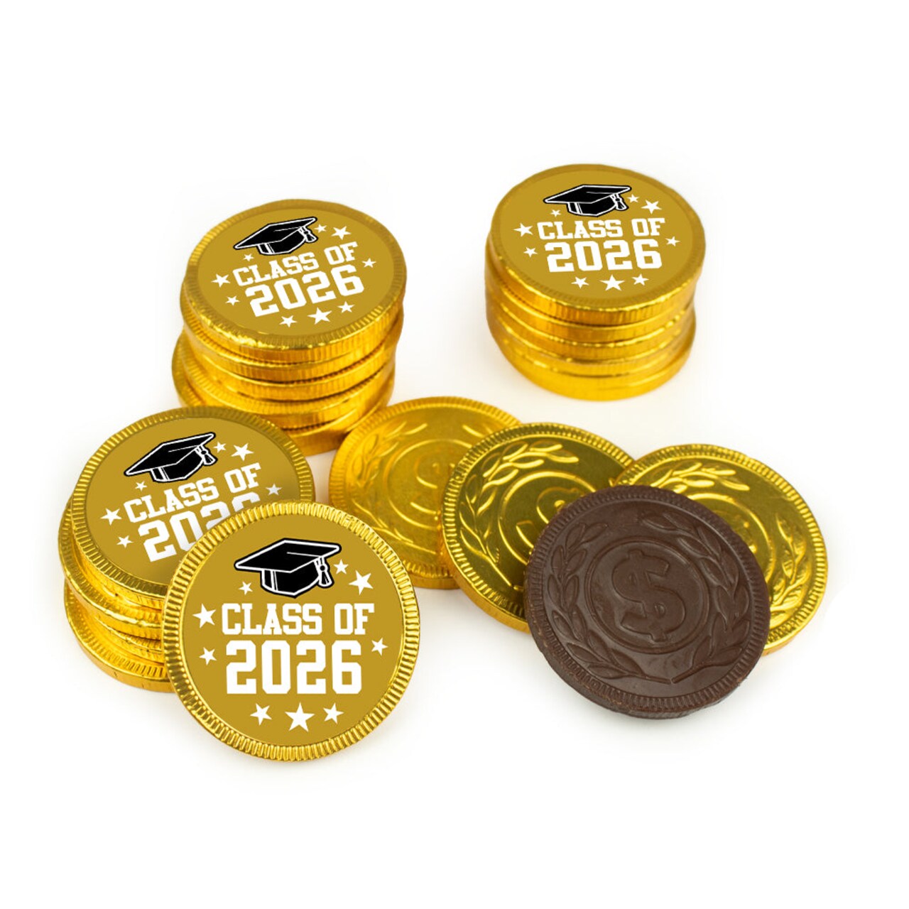 80 Pack Class of 2026 Graduation Stickered Gold Foiled Chocolate Coins - Candy Party Favors For Graduation Celebrations, Table Decoration & Gift Bags (Green)